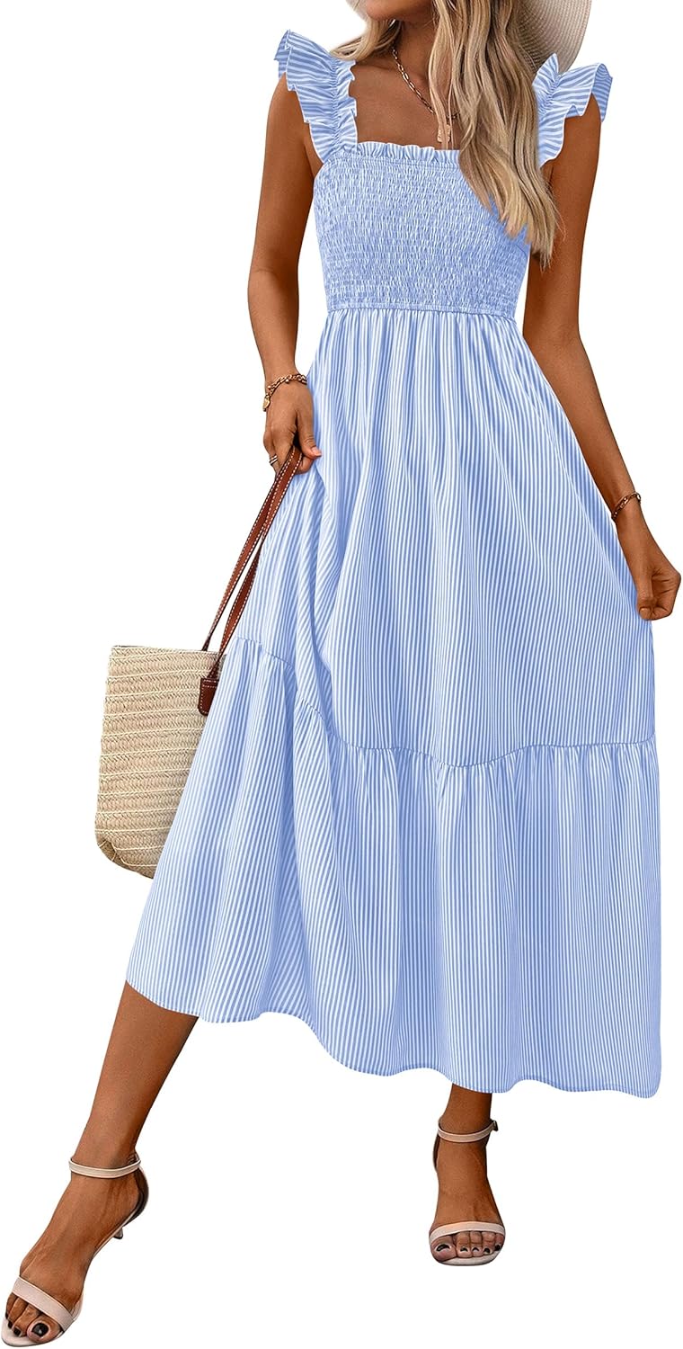 Women Square Neck Gingham Midi Dress Ruffle Strap Smocked A-Line Sundress