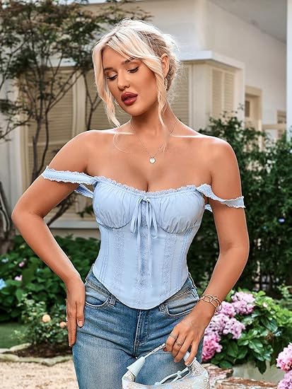 Women Y2K Lace Corset Crop Top, Square Neck Bustier Tank for Going Out