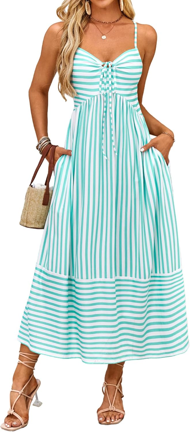 Striped Spaghetti Strap Maxi Dress Women Boho Vacation Sundress with Pockets