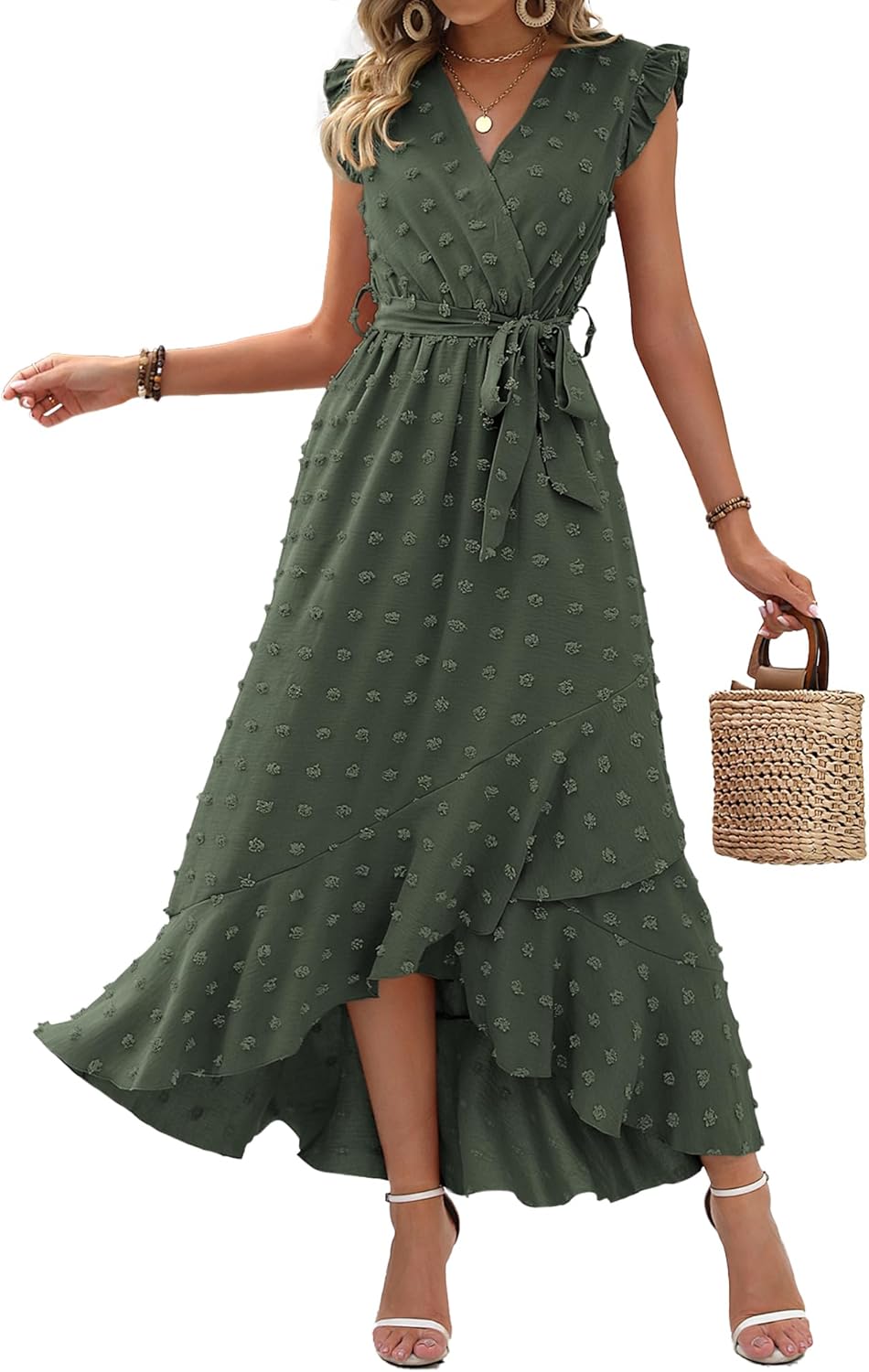 Summer Flowy Ruffle Maxi Dress Women Swiss Dot Cap Sleeve Casual Party Dress
