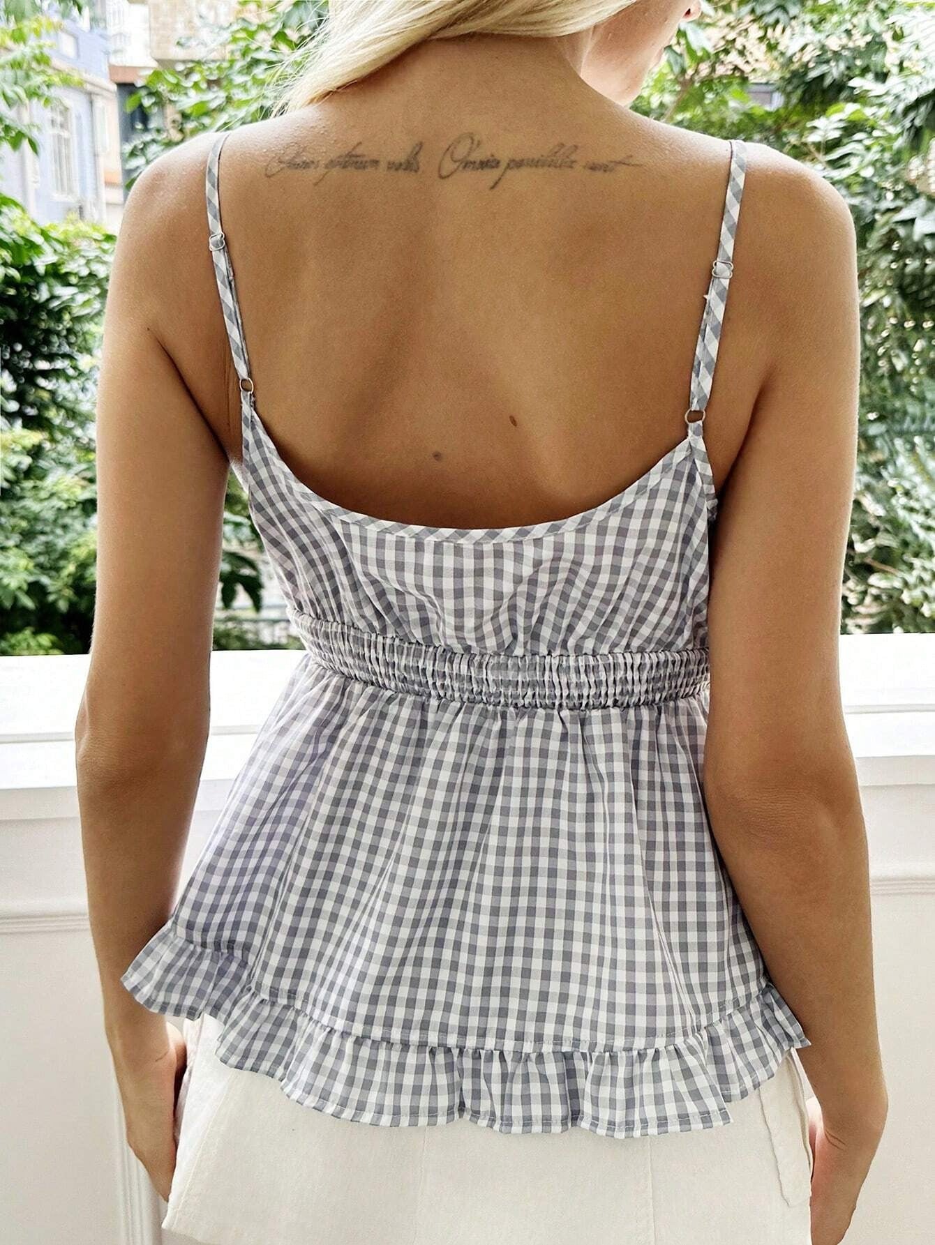 Women's Gingham Babydoll Sleeveless Cami Top