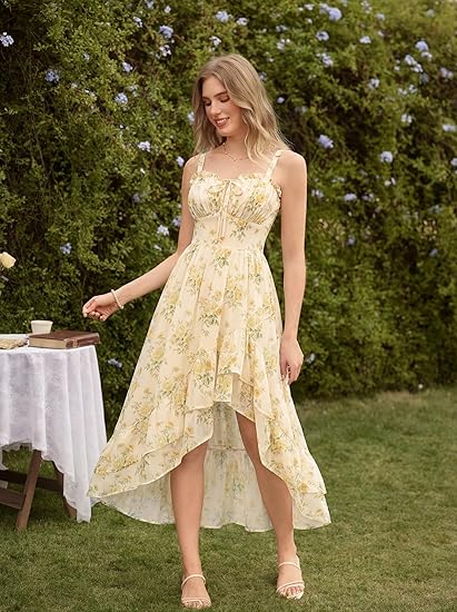 Women Floral Ruffle Maxi Dress Corset Style Summer Dress with Pockets
