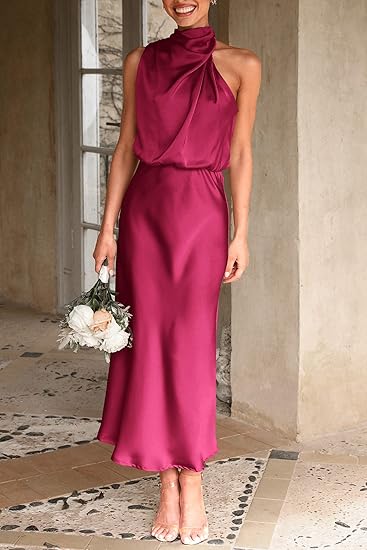 Satin Mock Neck Sleeveless Maxi Party Dress