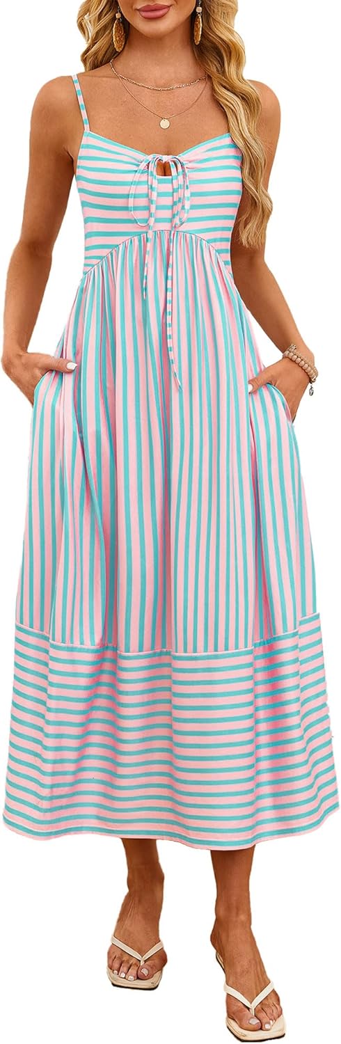 Striped Spaghetti Strap Maxi Dress Women Boho Vacation Sundress with Pockets