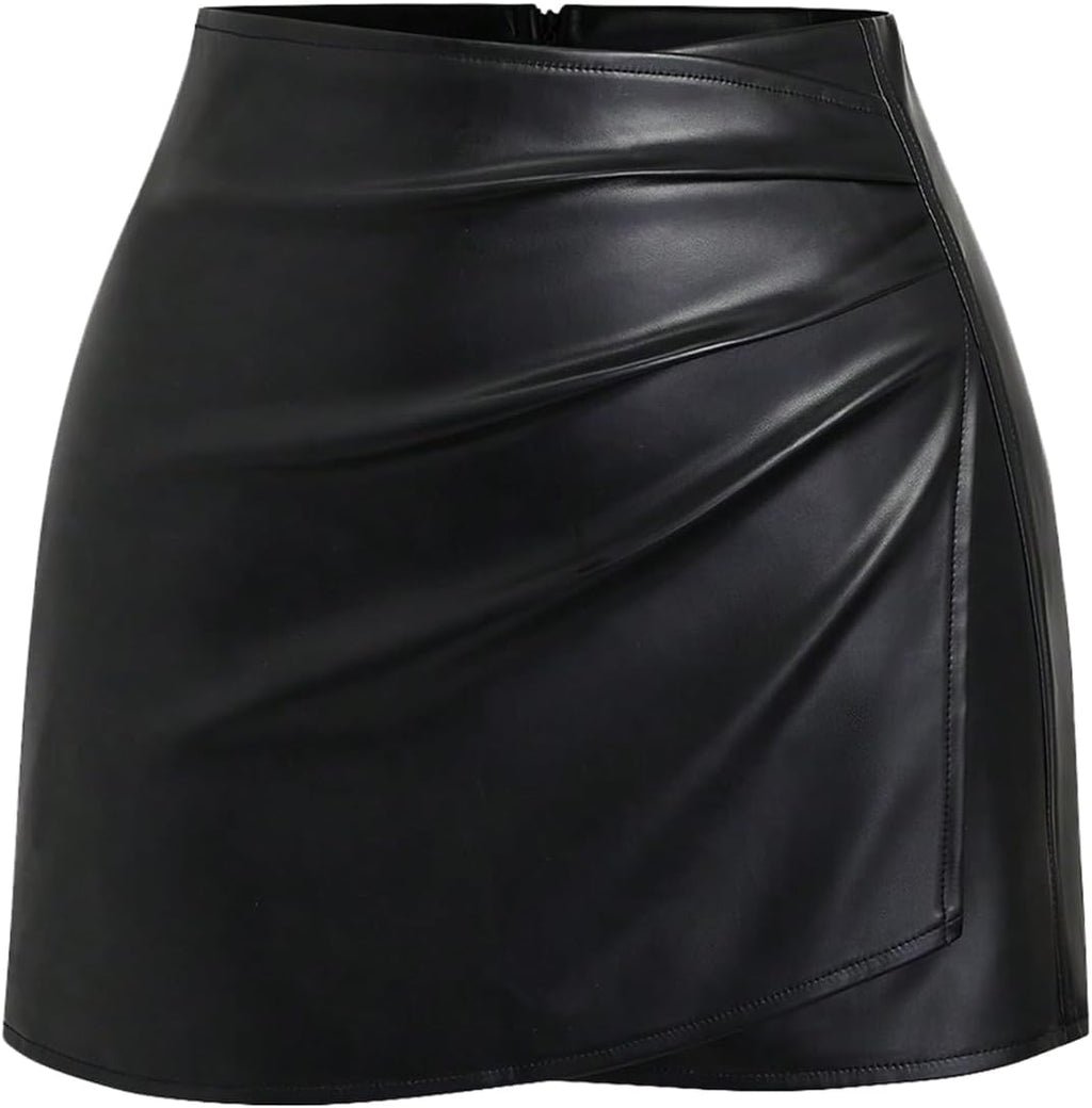 Mid Waist Ruched Side Slit Skirt Solid PU Leather Bodycon Mini Skirt