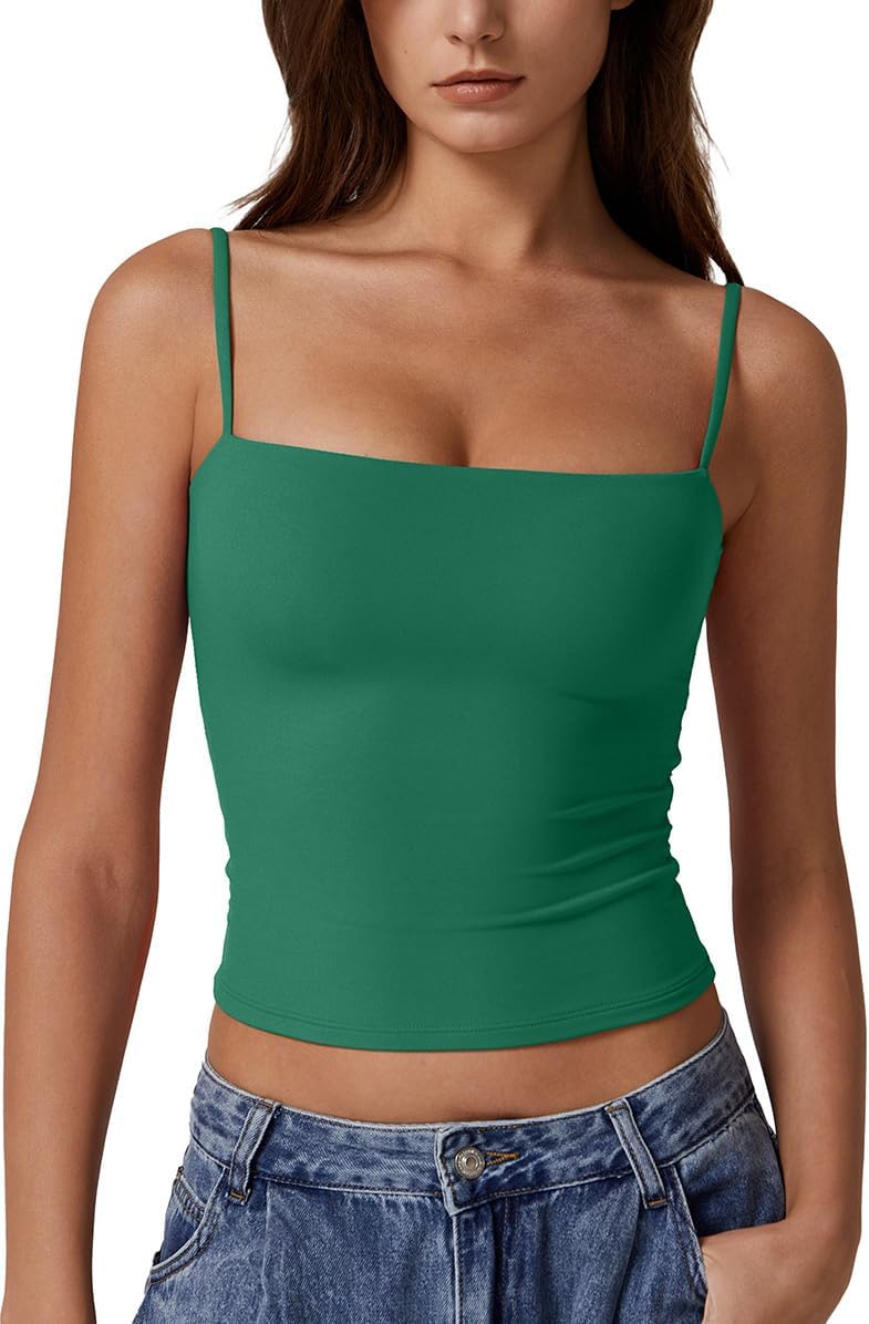 QINSEN Women's Double Lined Basic Tank Top Adjustable Spaghetti Straps Sleeveless Camisole Shirts