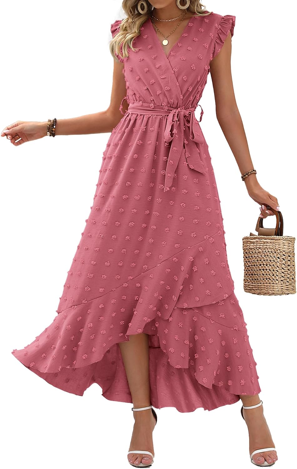 Summer Flowy Ruffle Maxi Dress Women Swiss Dot Cap Sleeve Casual Party Dress