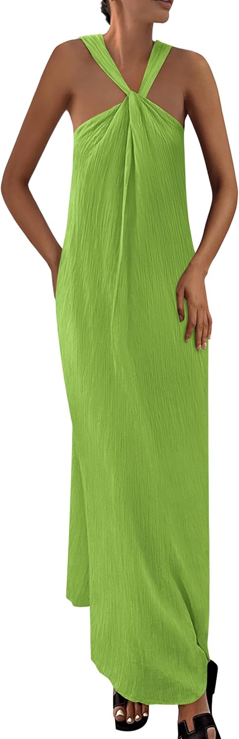 Casual Off Shoulder Maxi Dress Women Sleeveless Strappy Beach Dress with Pockets