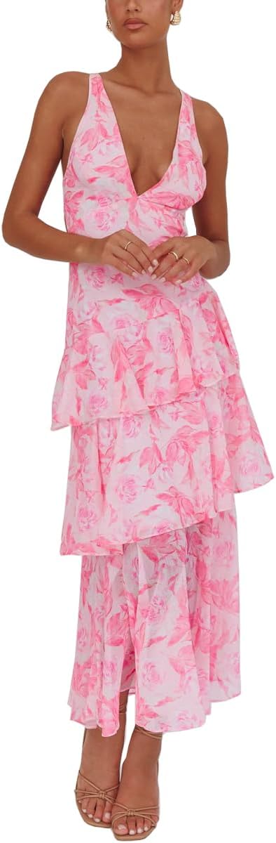 Women Floral Maxi Dress Sexy Deep V Neck Backless Ruffle Beach Party Wedding Guest Dress
