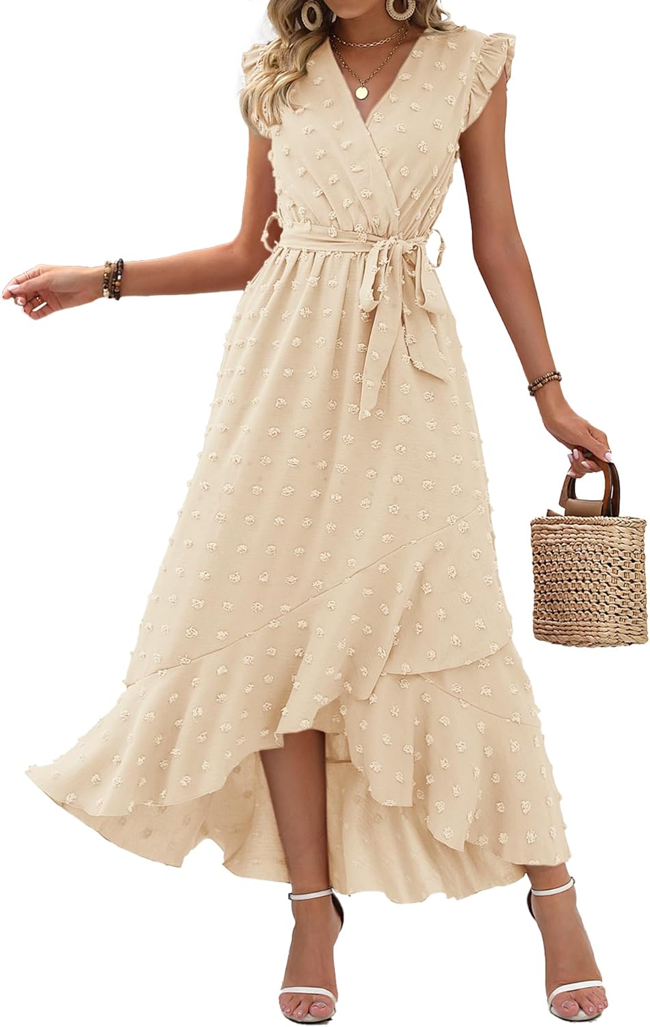 Summer Flowy Ruffle Maxi Dress Women Swiss Dot Cap Sleeve Casual Party Dress