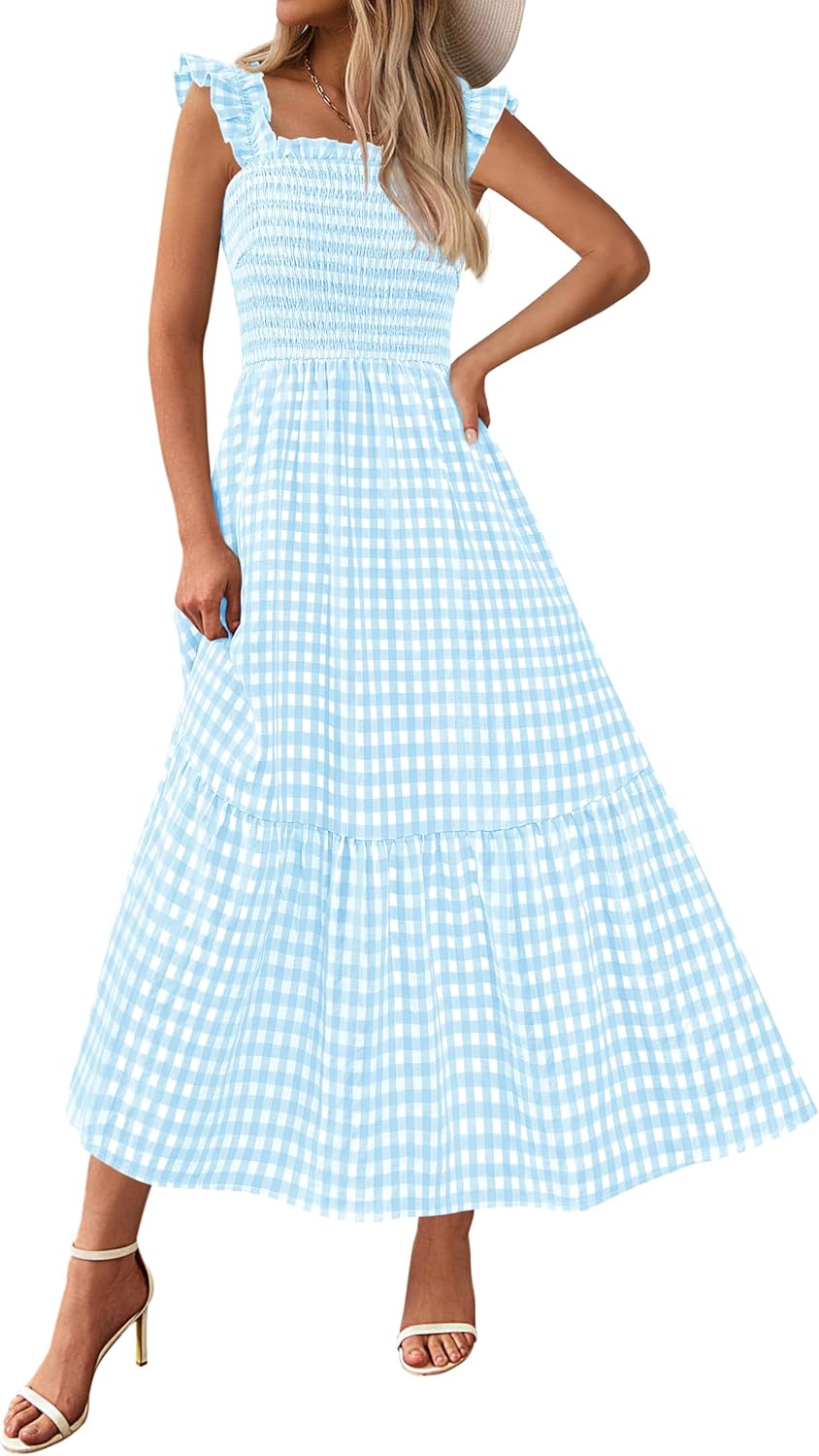 Women Square Neck Gingham Midi Dress Ruffle Strap Smocked A-Line Sundress