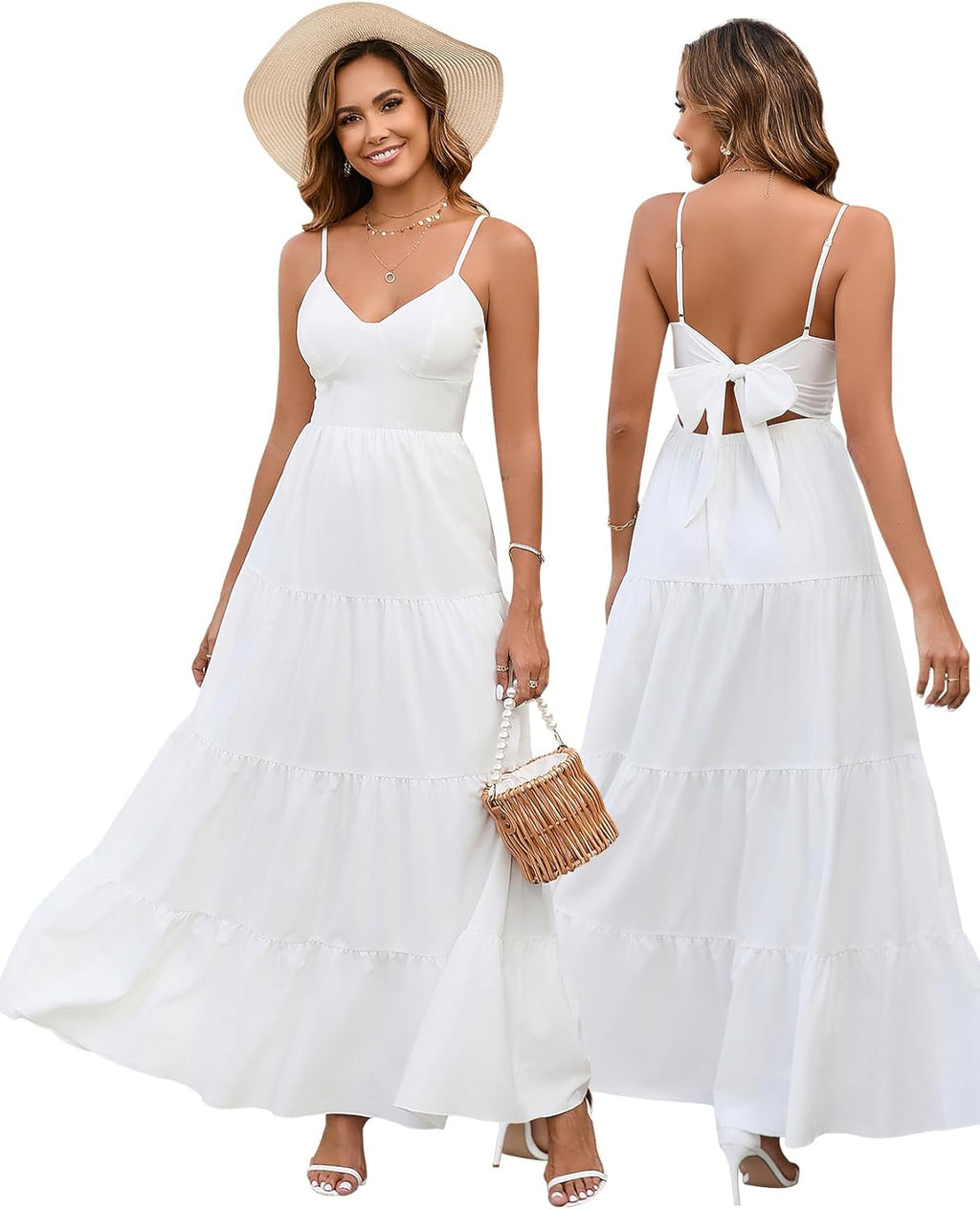 Women’s Summer Flowy Maxi Dress – Spaghetti Strap Bow Tie
