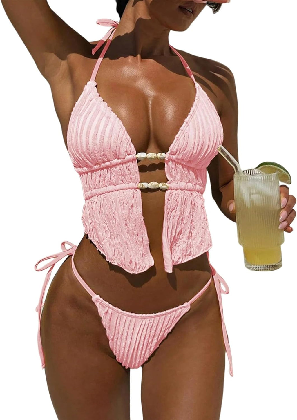 Halter Backless Bikini Set Textured Cheeky High Cut String Swimsuits