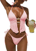 Halter Backless Bikini Set Textured Cheeky High Cut String Swimsuits