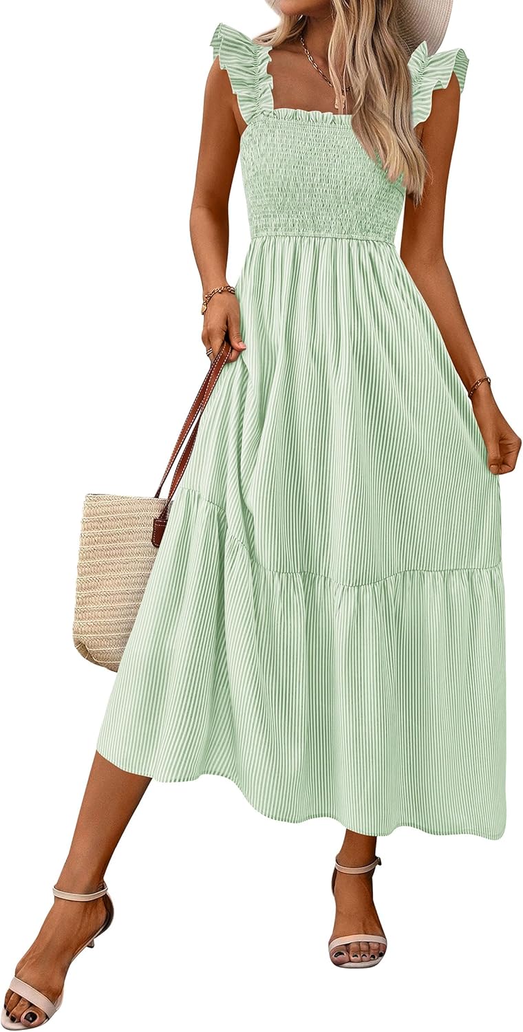 Women Square Neck Gingham Midi Dress Ruffle Strap Smocked A-Line Sundress