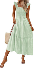 Women Square Neck Gingham Midi Dress Ruffle Strap Smocked A-Line Sundress