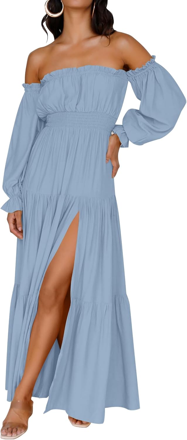 Boho Off Shoulder Maxi Dress Women Flowy Side Split Wedding Guest Dress