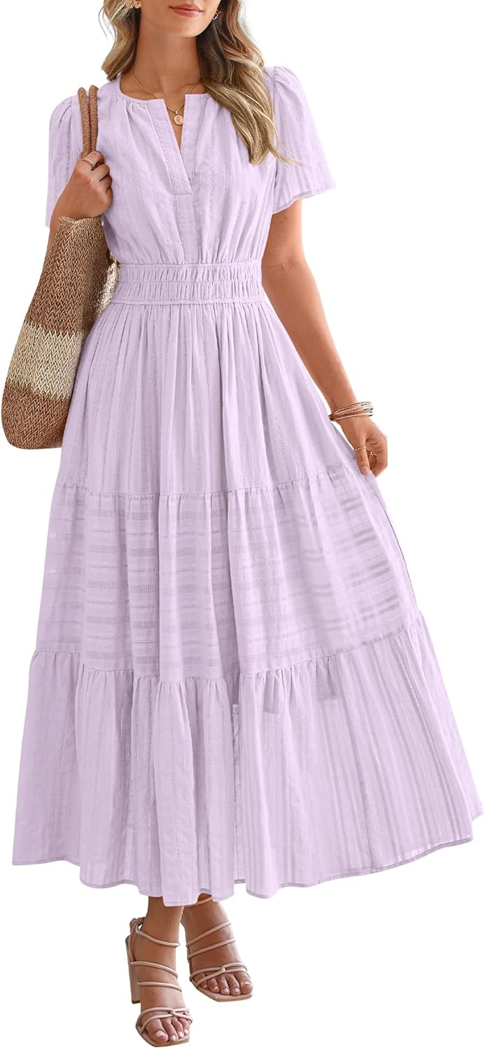 Casual Boho Maxi Dress Women V Neck Short Sleeve Flowy Beach Dress with Pockets