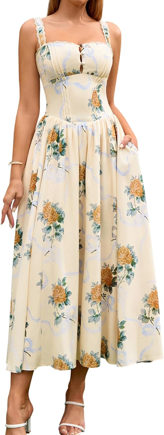 Women Summer Lace Corset Midi Dress Flowy Bridal Shower Dress