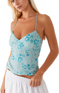 Women Y2K Floral Sequin Crop Top, Sparkle Rhinestone Criss Cross Halter Tank Top