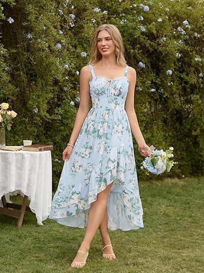 Women Floral Ruffle Maxi Dress Corset Style Summer Dress with Pockets