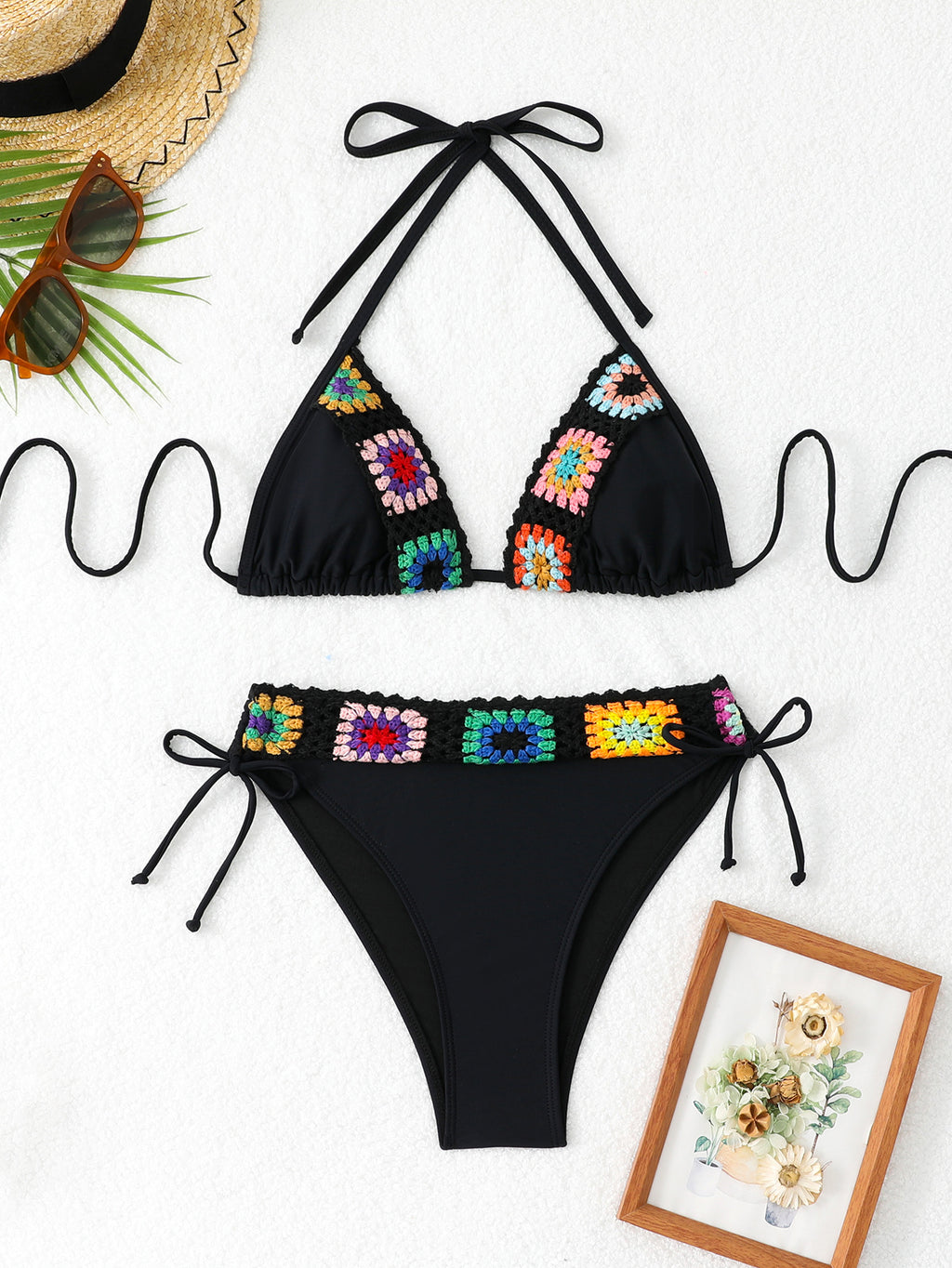 Boho Floral Crochet Bikini Triangle Halter Cut Out Tie Side Bathing Suit