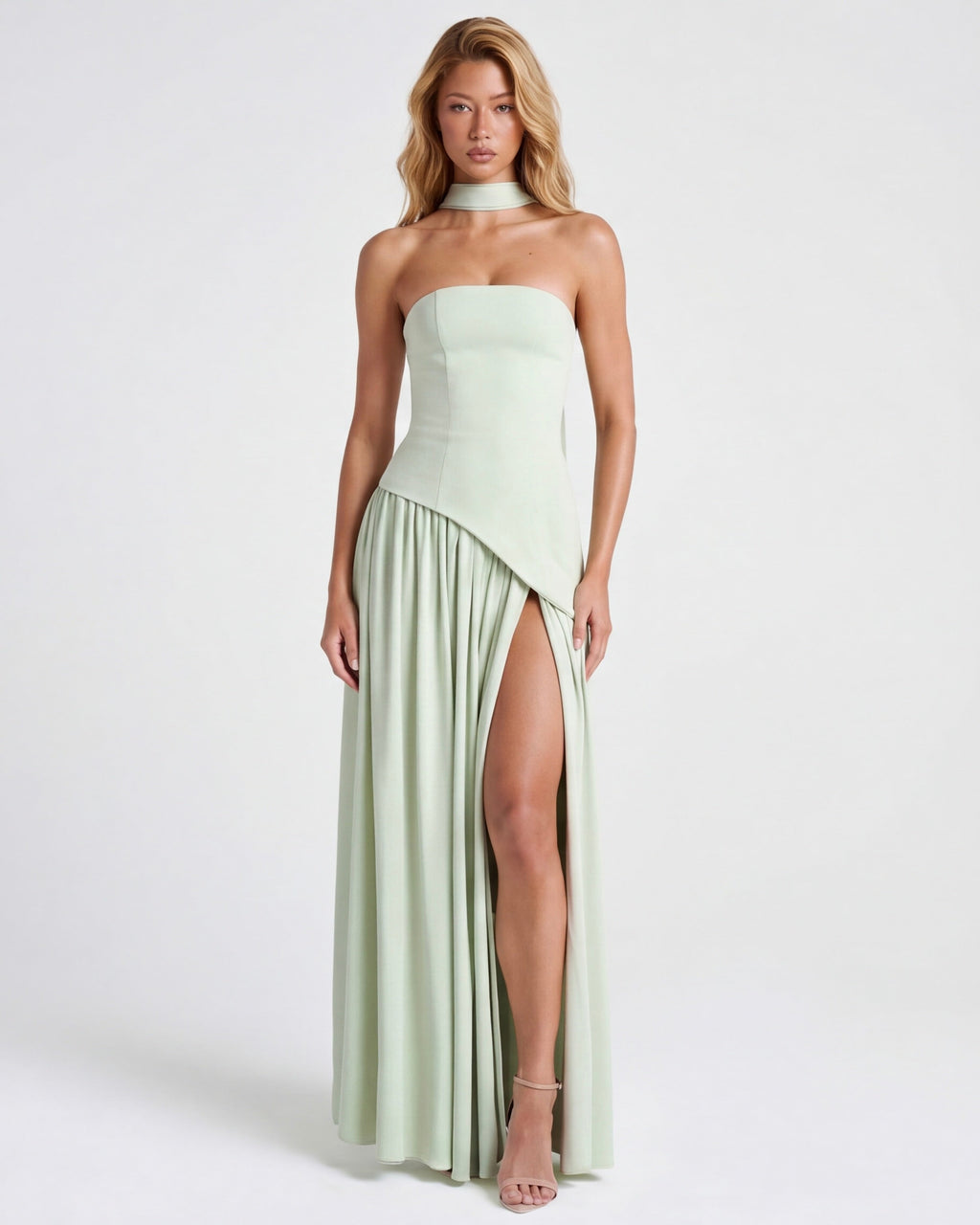 Strapless Halter Slit Maxi Dress